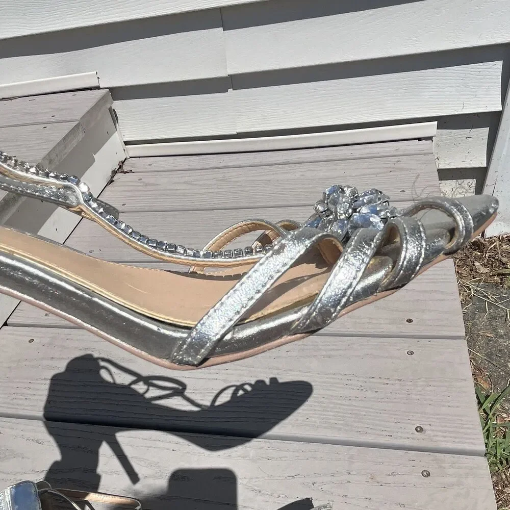 Jewel Badgley Mischka Silver Strappy Crystal Open Toe Stiletto Zip Heel US 10